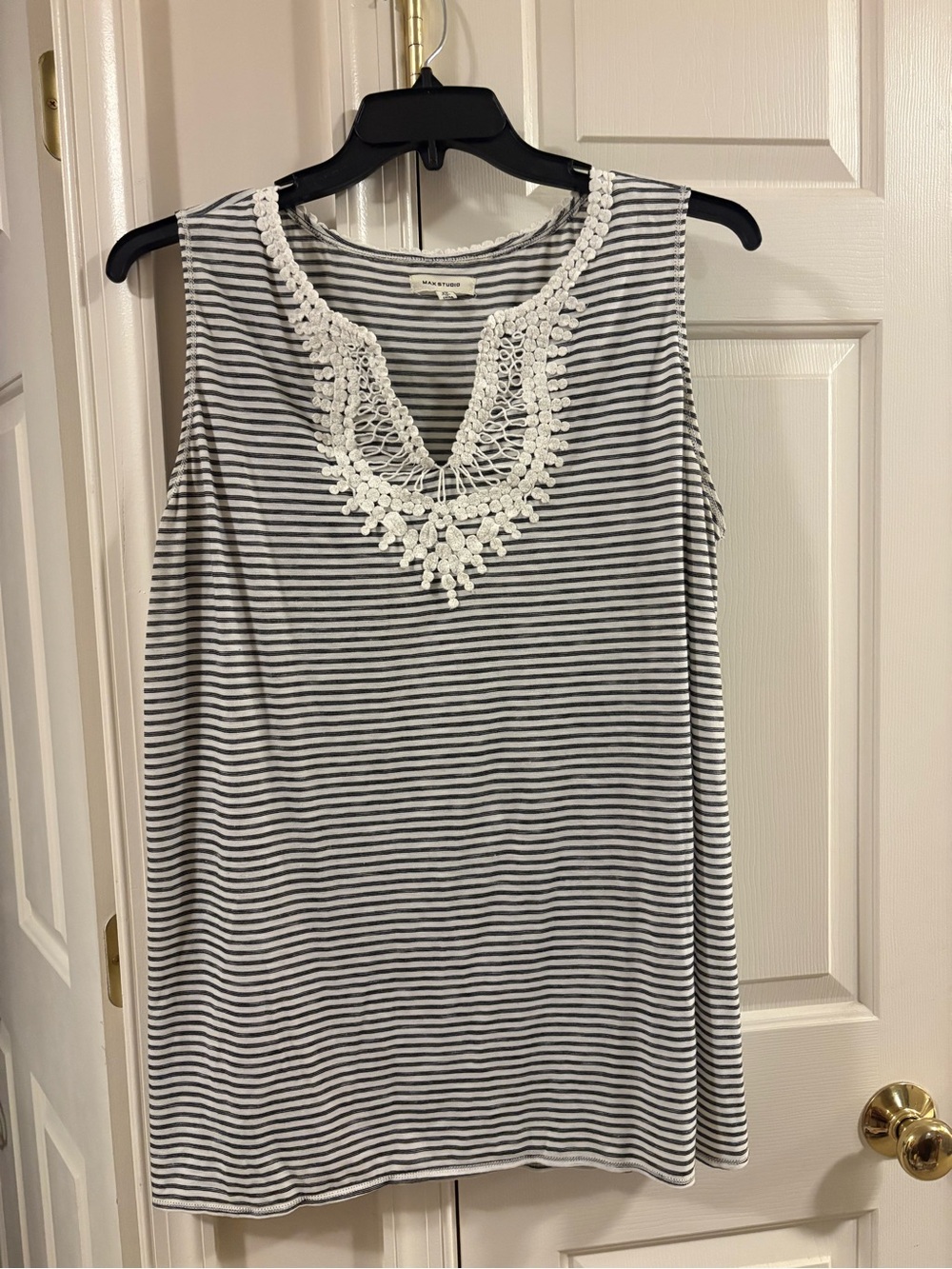 Max Studio Striped Sleeveless Top with Crochet V-Neck